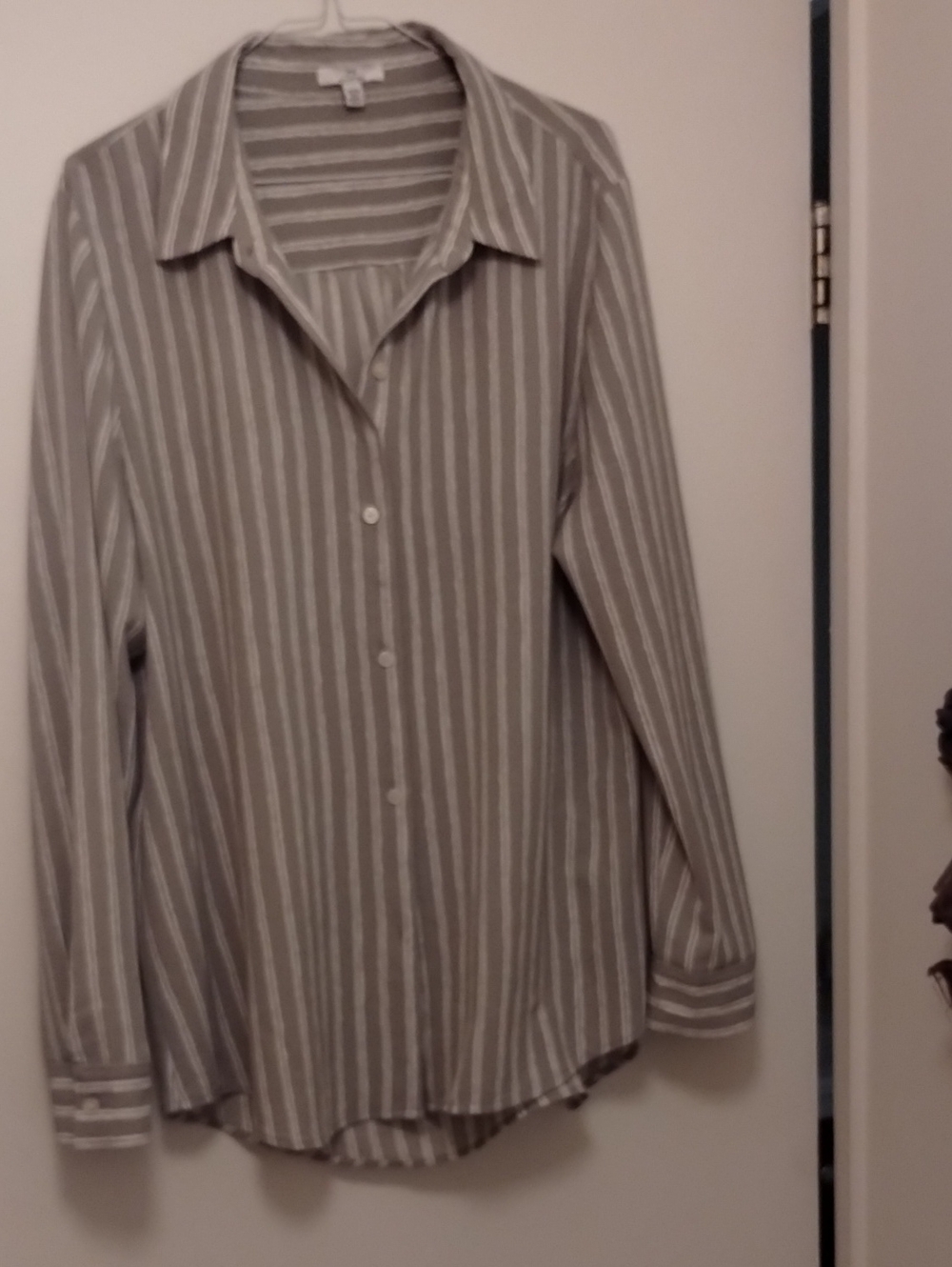 Halston H Beige & White Vertical Stripe Button-Down Blouse